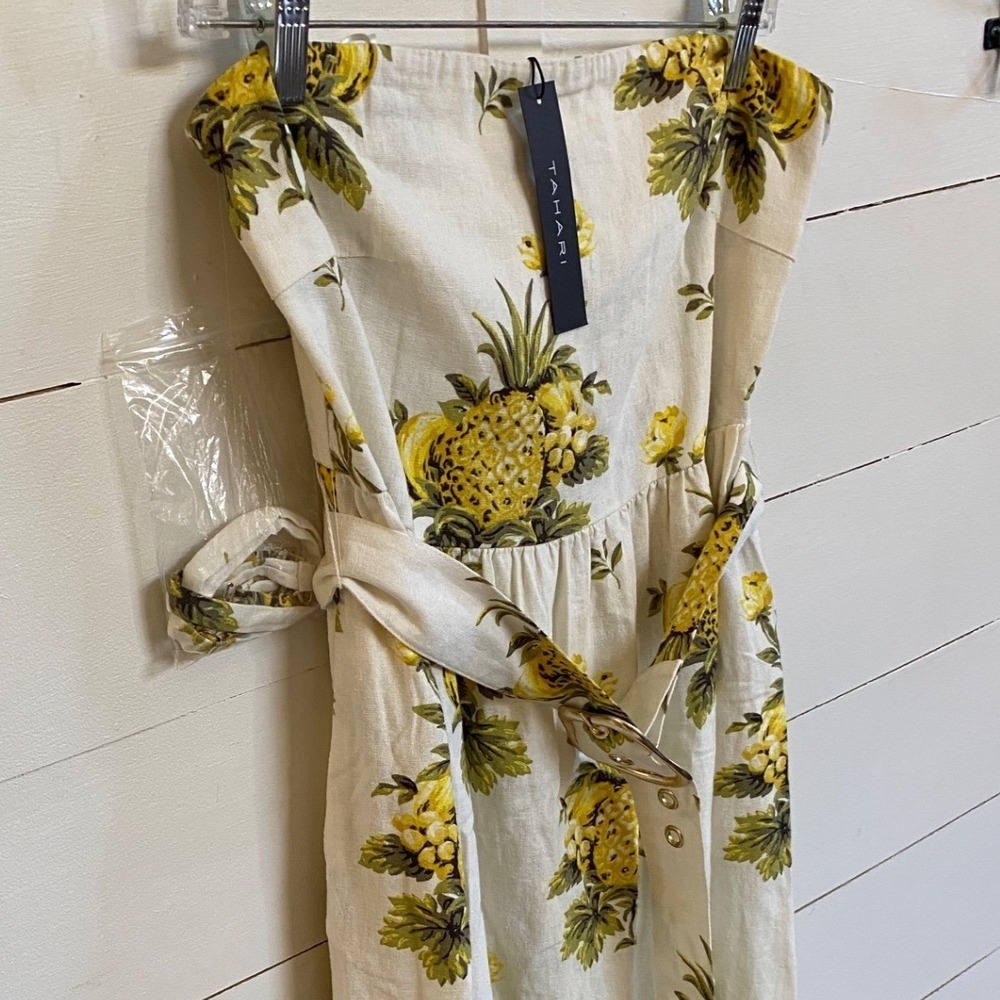 TAHARI Pineapple Linen Blend Pineapple Strapless Midi Dress 8 NWT - Picture 10 of 14